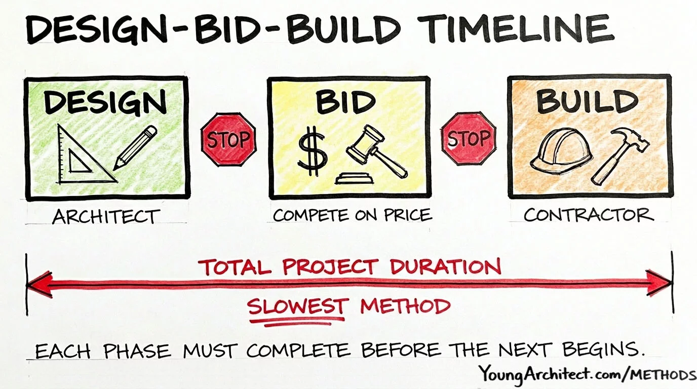 Design-Bid-Build sequential timeline showing design bid and build phases with no overlap