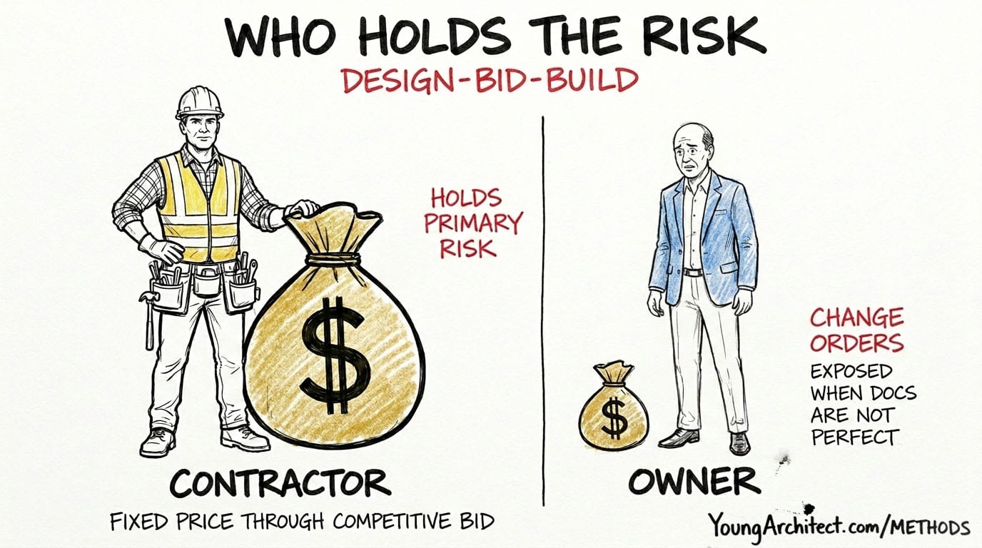 Design-Bid-Build risk allocation showing contractor holding primary risk and owner exposed to change orders