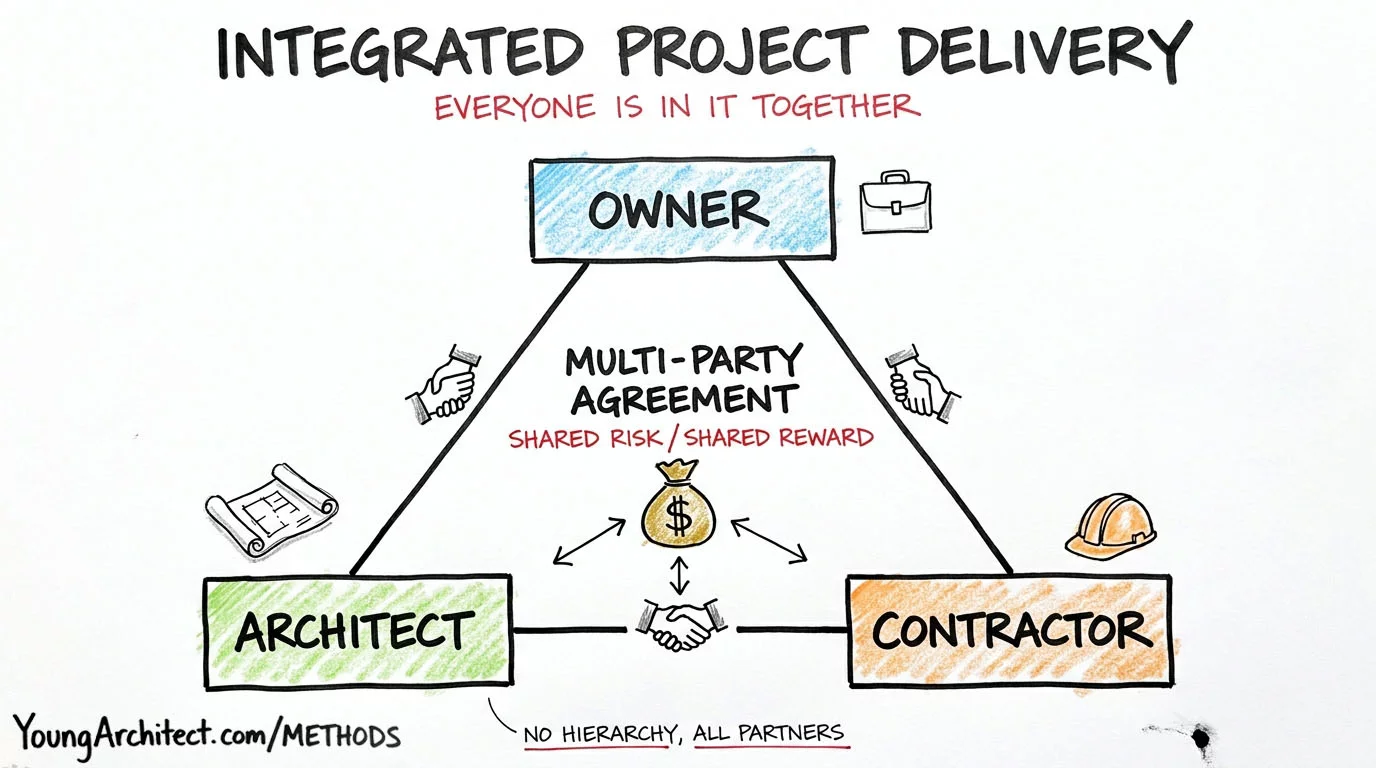 Integrated Project Delivery triangle showing owner architect and contractor as equal partners with shared risk and reward