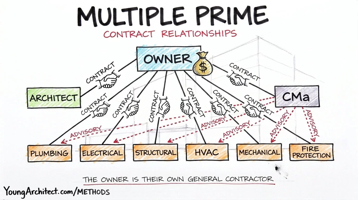 Multiple Prime contract relationships showing owner with contract lines to many individual trade contractors