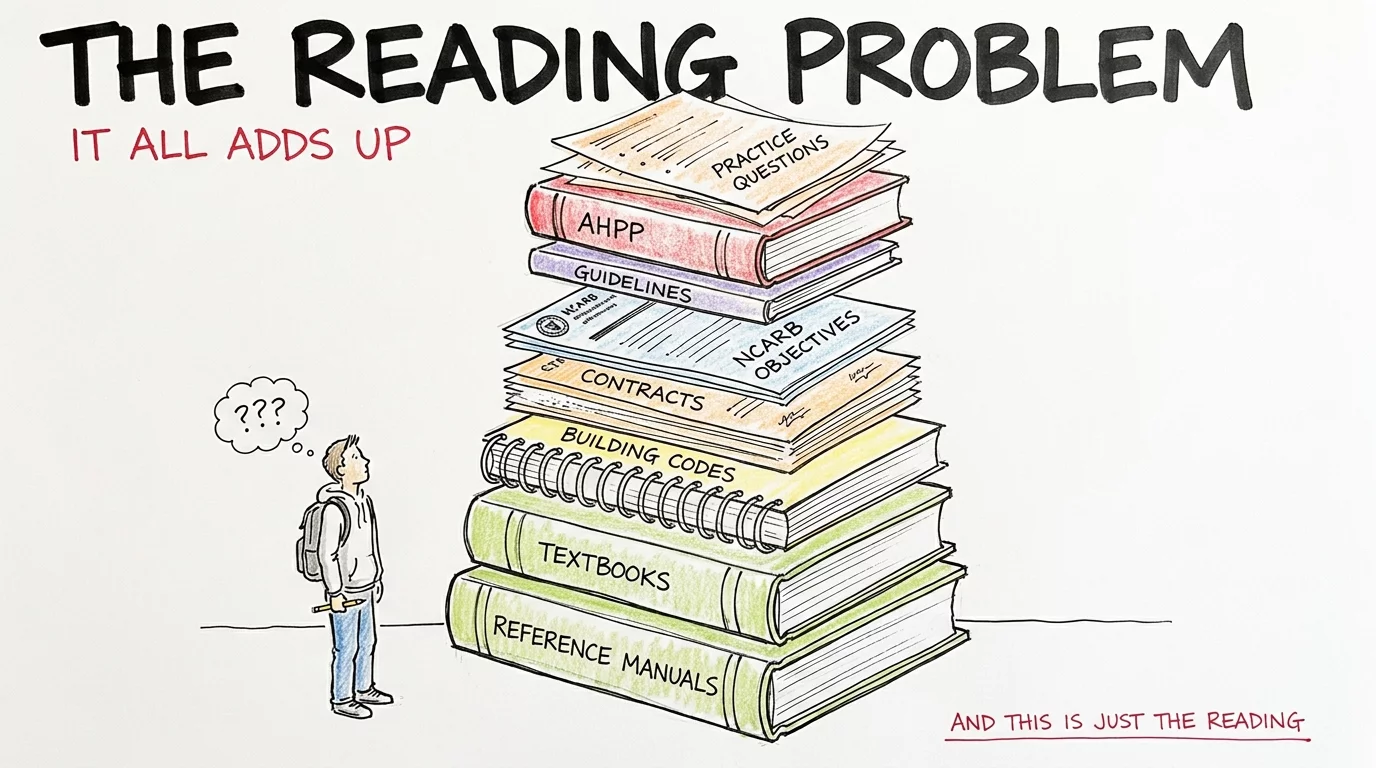 Active reading strategies for exam prep - the reading problem showing the overwhelming stack of textbooks, contracts, building codes, and reference manuals ARE candidates need to read