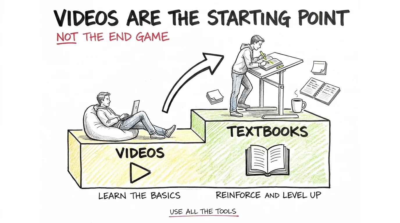 Videos are the starting point not the end game - learn the basics with video then reinforce and level up with textbooks