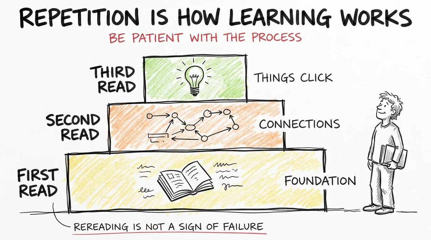 Repetition is how learning works - be patient with the process as you build from foundation to connections to things clicking