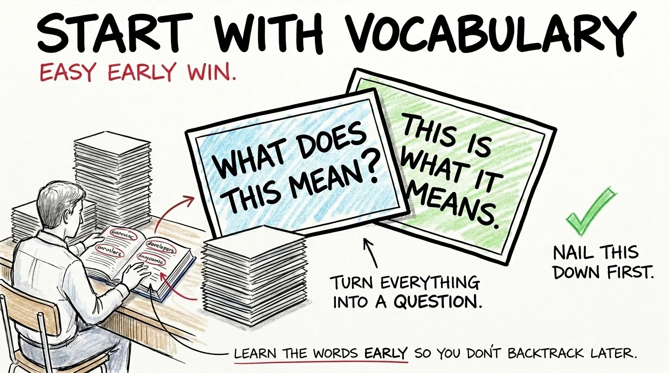 Start with vocabulary - learn the words early so you don't backtrack later, turn everything into a flashcard