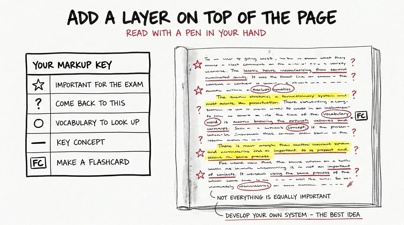 Add a layer on top of the page - read with a pen in your hand using a markup key for stars, question marks, circles, and flashcard notes