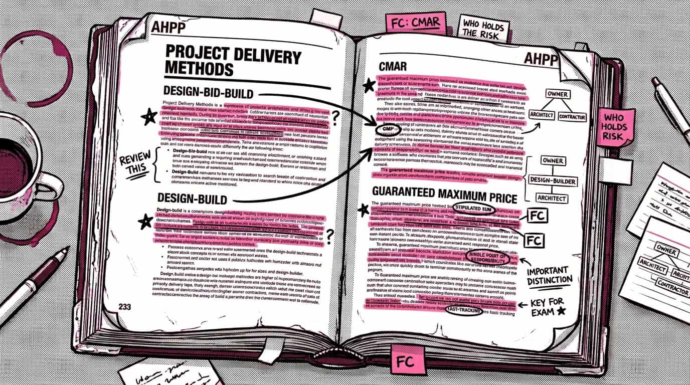 Heavily annotated Architects Handbook of Professional Practice (AHPP) open to project delivery methods with highlights and margin notes showing active reading strategies for the ARE