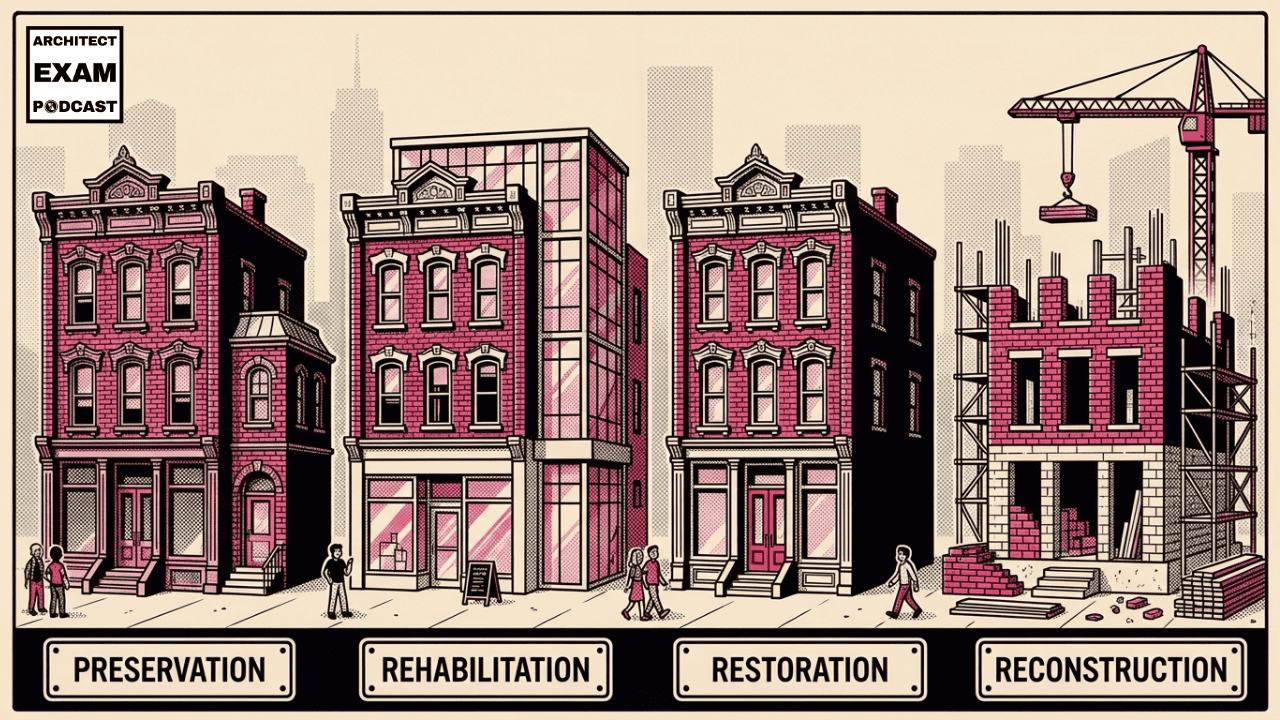 Four historic preservation approaches shown side by side from preservation to rehabilitation to restoration to reconstruction