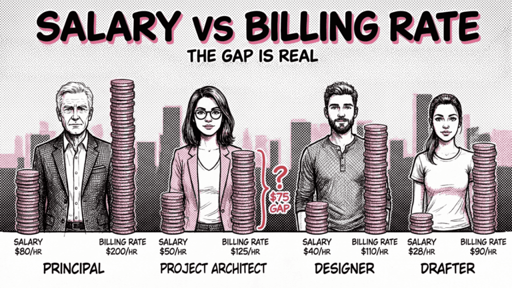 Salary vs billing rate comparison showing the gap between what a principal, project architect, designer, and drafter earn versus what clients pay for their time