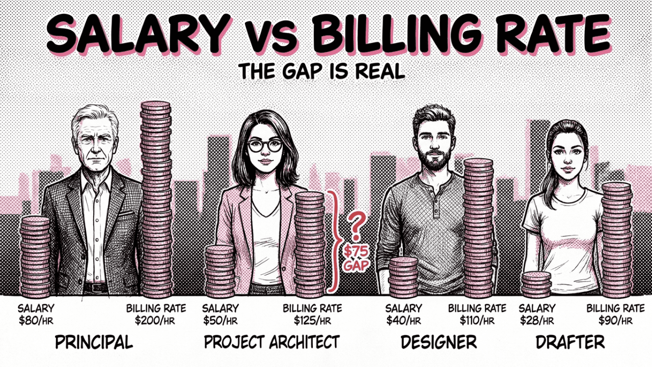 Salary vs billing rate comparison showing the gap between what a principal, project architect, designer, and drafter earn versus what clients pay for their time