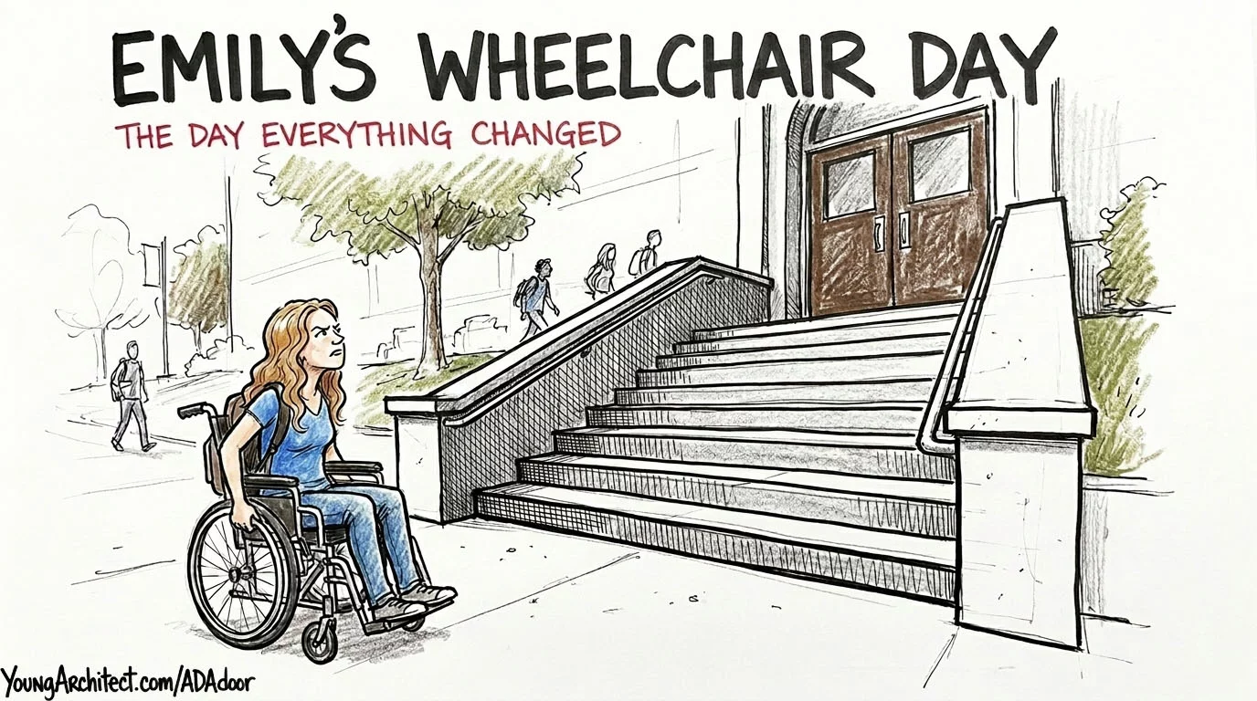 Architect Emily in a wheelchair at a building entrance facing a heavy door and ramp during her college accessibility challenge
