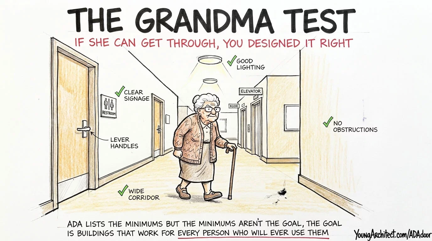 The Grandma Test showing an elderly woman with a cane navigating an accessible hallway with lever handles and clear signage
