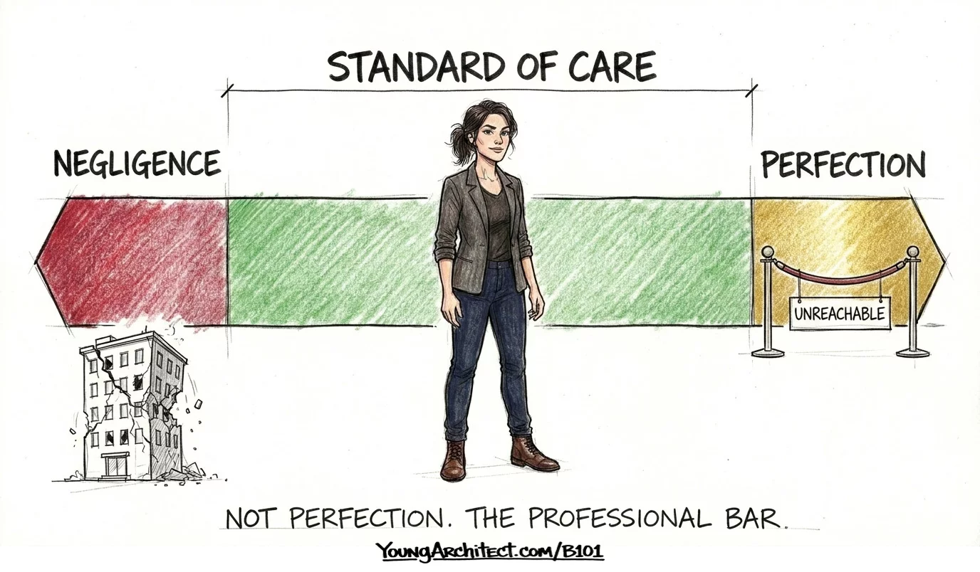 Architect standard of care bar showing the professional standard between negligence and perfection