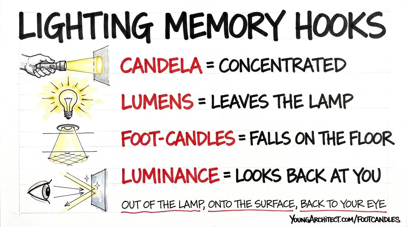 Four lighting memory hooks showing candela equals concentrated, lumens equals leaves the lamp, foot candles equals falls on the floor, luminance equals looks back at you