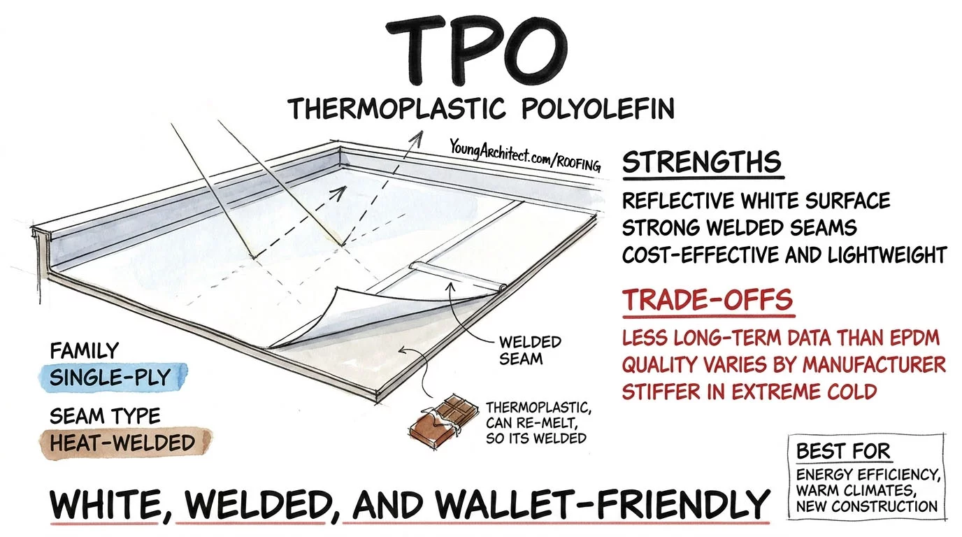 TPO roofing, a white single-ply membrane, bounces sun off its reflective surface with a heat-welded seam