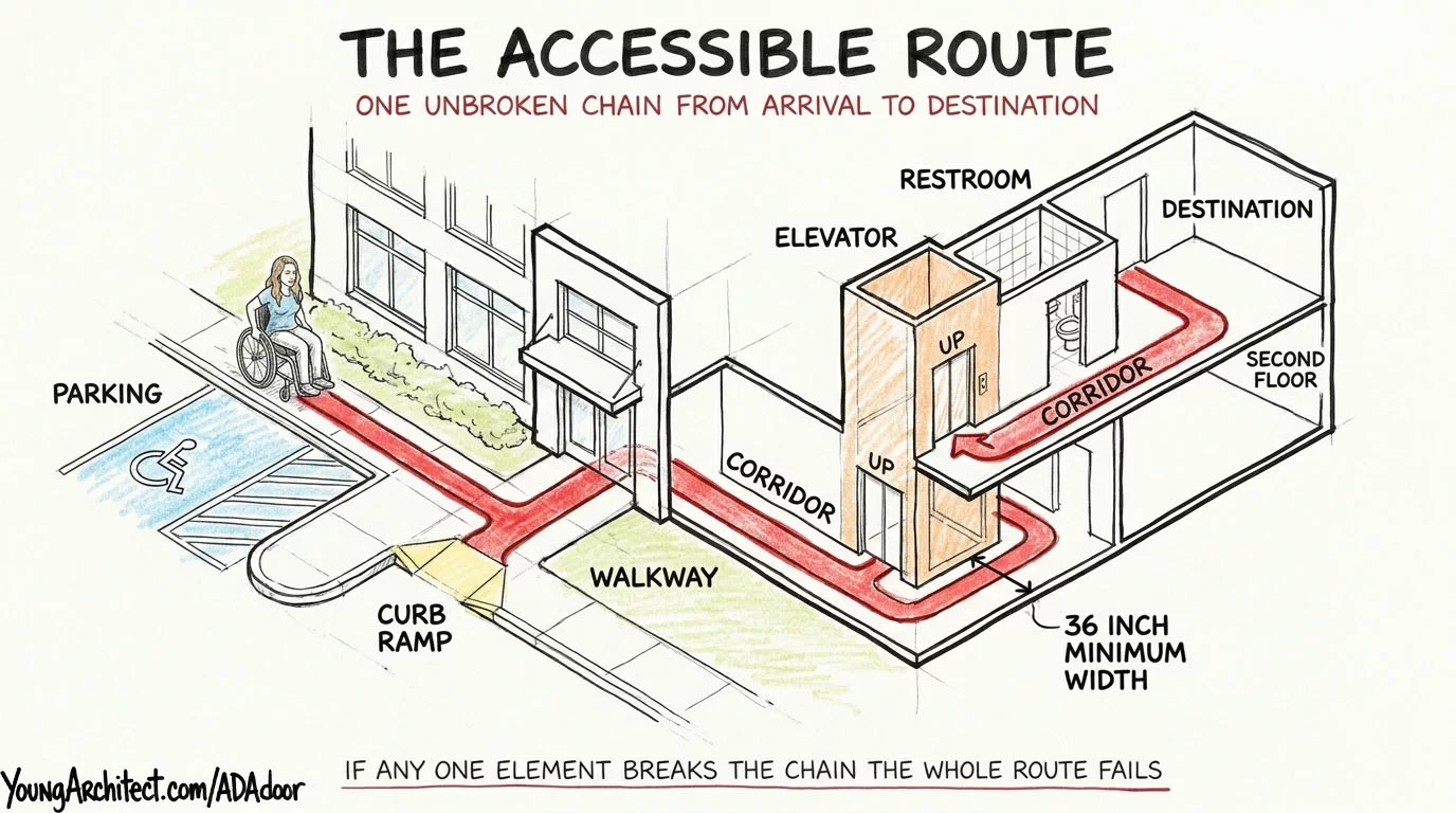 ADA accessible route shown as one unbroken chain from parking through curb ramp, walkway, entrance, corridor, elevator, to destination