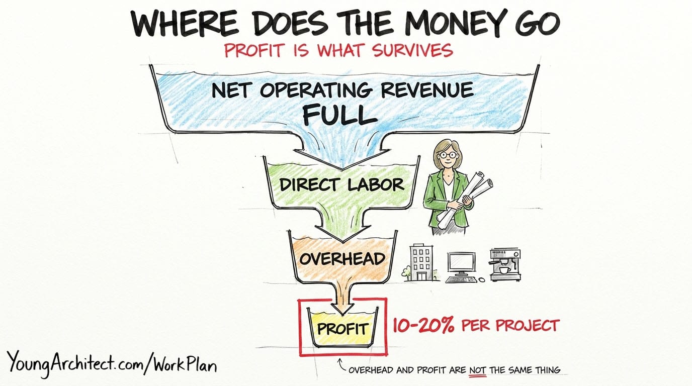 Waterfall diagram showing net operating revenue flowing down through direct labor and overhead costs to 10 to 20 percent profit