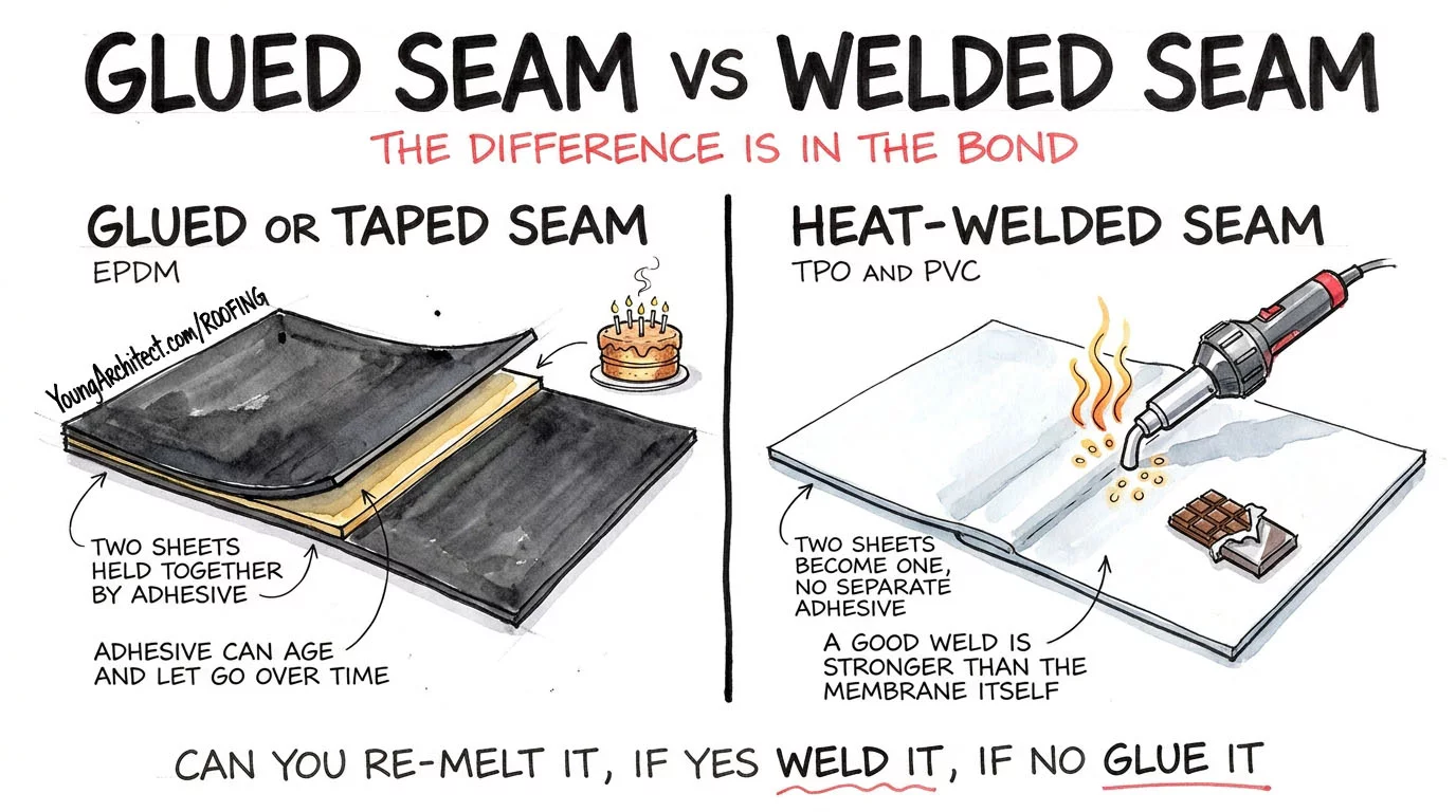 A glued EPDM seam holds two sheets with adhesive while a hot-air welder fuses a TPO seam into one