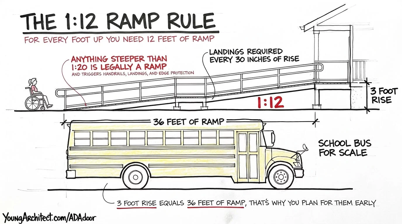 ADA ramp slope 1 to 12 rule showing a 3 foot rise requires 36 feet of ramp with a school bus drawn to scale for comparison