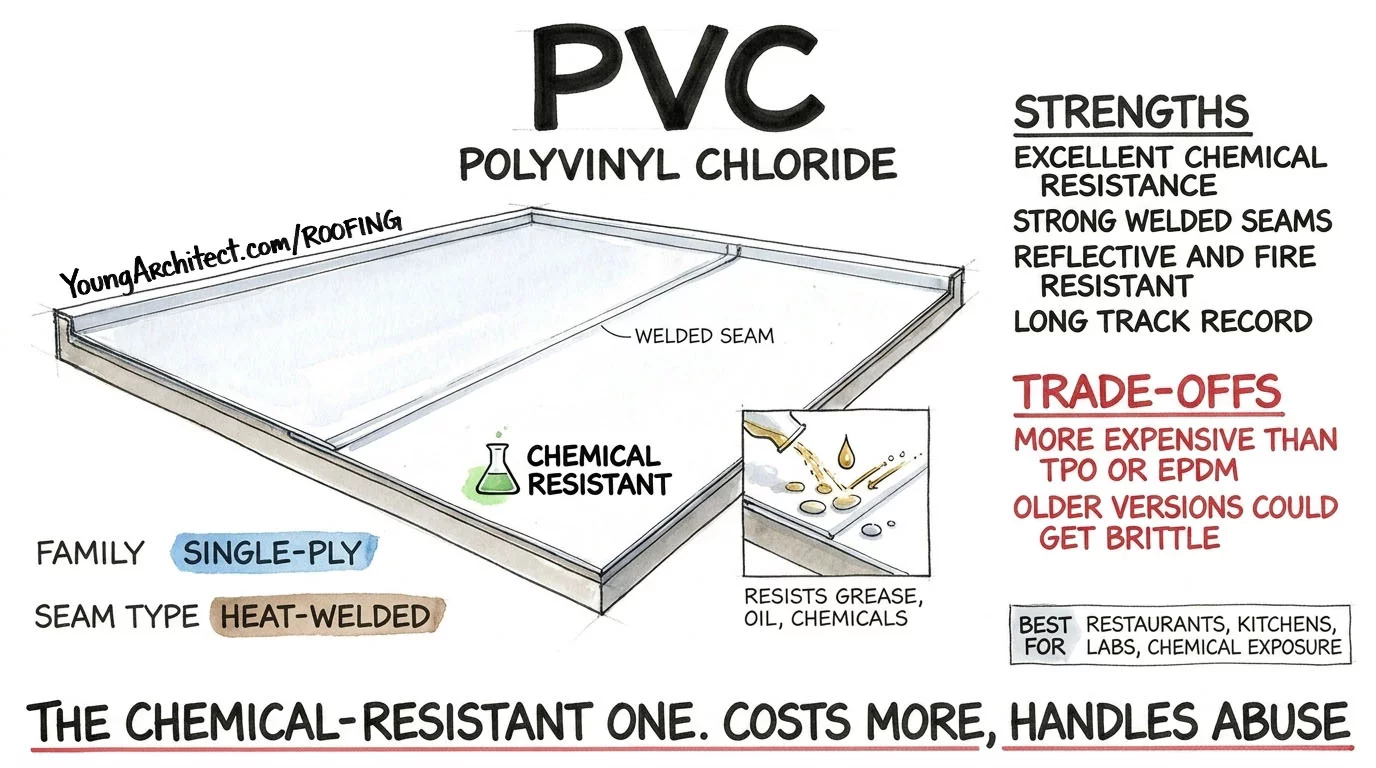 PVC roofing, a white welded membrane, repels grease and chemicals shown by a beaker icon and a resisted oil spill