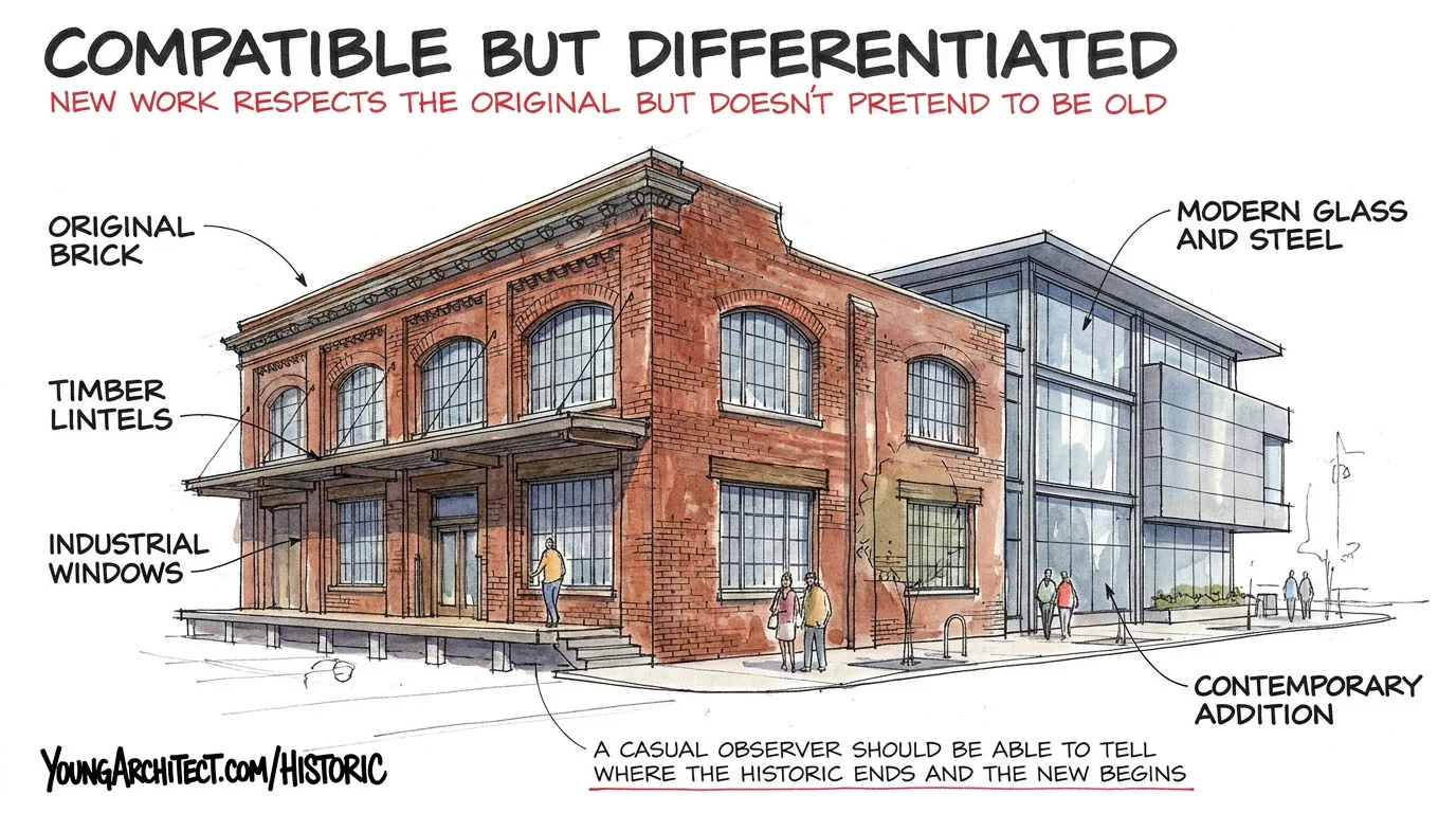 Compatible but differentiated rehabilitation shows a modern glass addition next to original brick warehouse