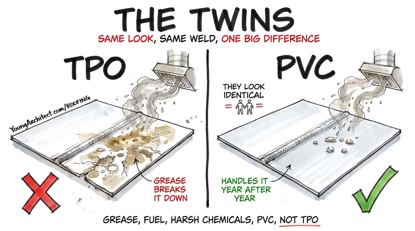 TPO and PVC look identical under kitchen grease but grease breaks down TPO while PVC handles it year after year