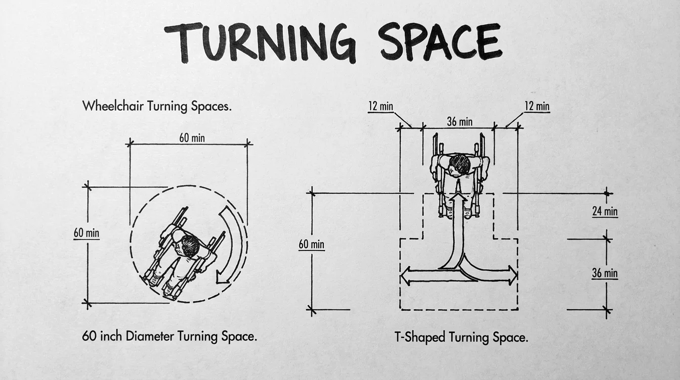ADA turning space showing 60 inch diameter wheelchair turning circle and T-shaped turning space alternative with dimensions