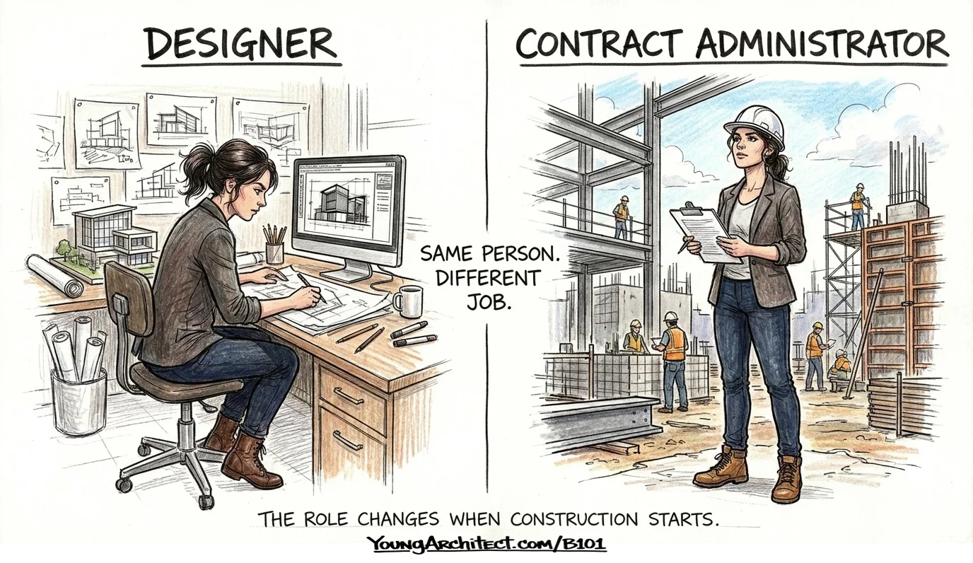 Architect role change from designer to contract administrator during construction phase of B101