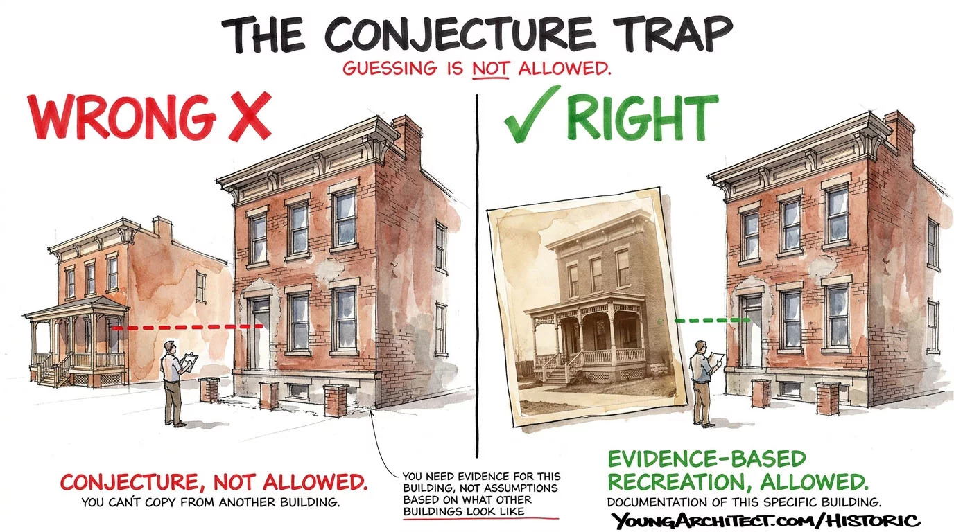The conjecture trap compares copying details from another building versus using photographic evidence of the original