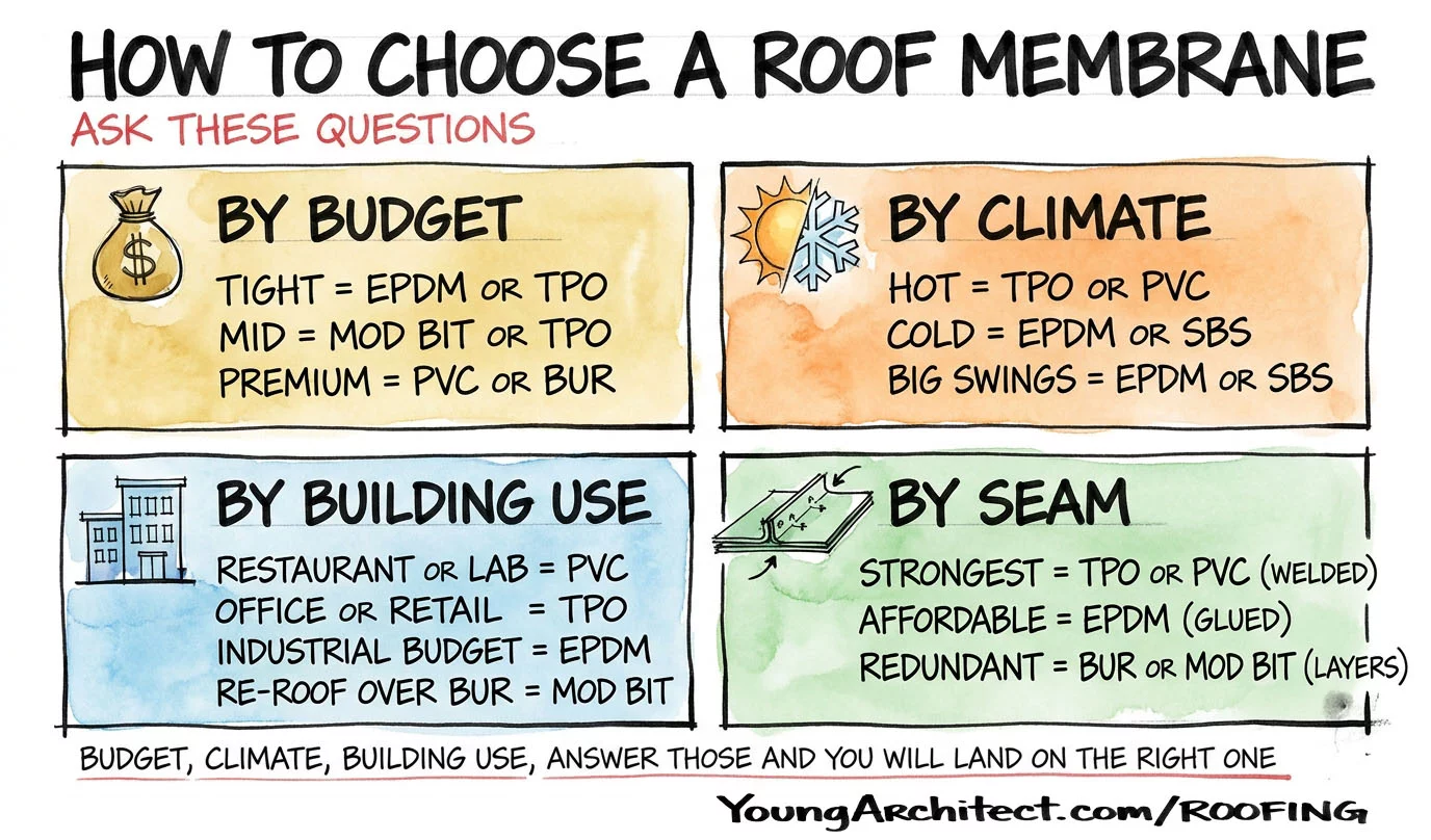 A roof membrane decision chart sorts the five types by budget, climate, building use, and seam