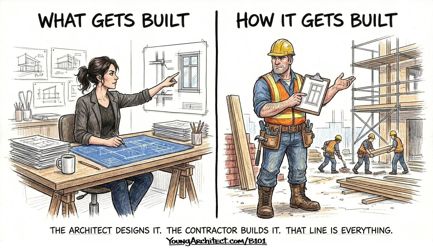 Means and methods boundary showing architect designs what gets built and contractor decides how it gets built