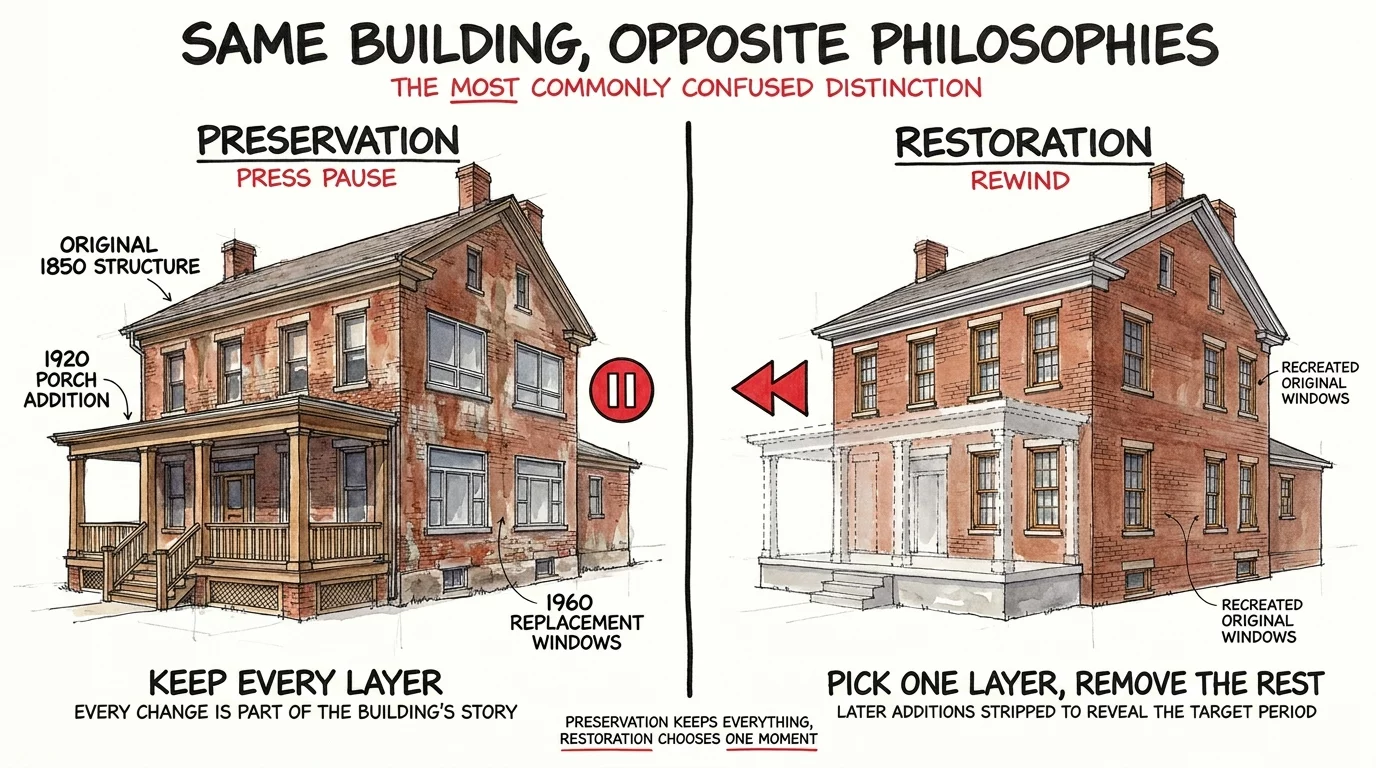Preservation vs restoration side by side showing one keeps every layer while the other strips back to one period
