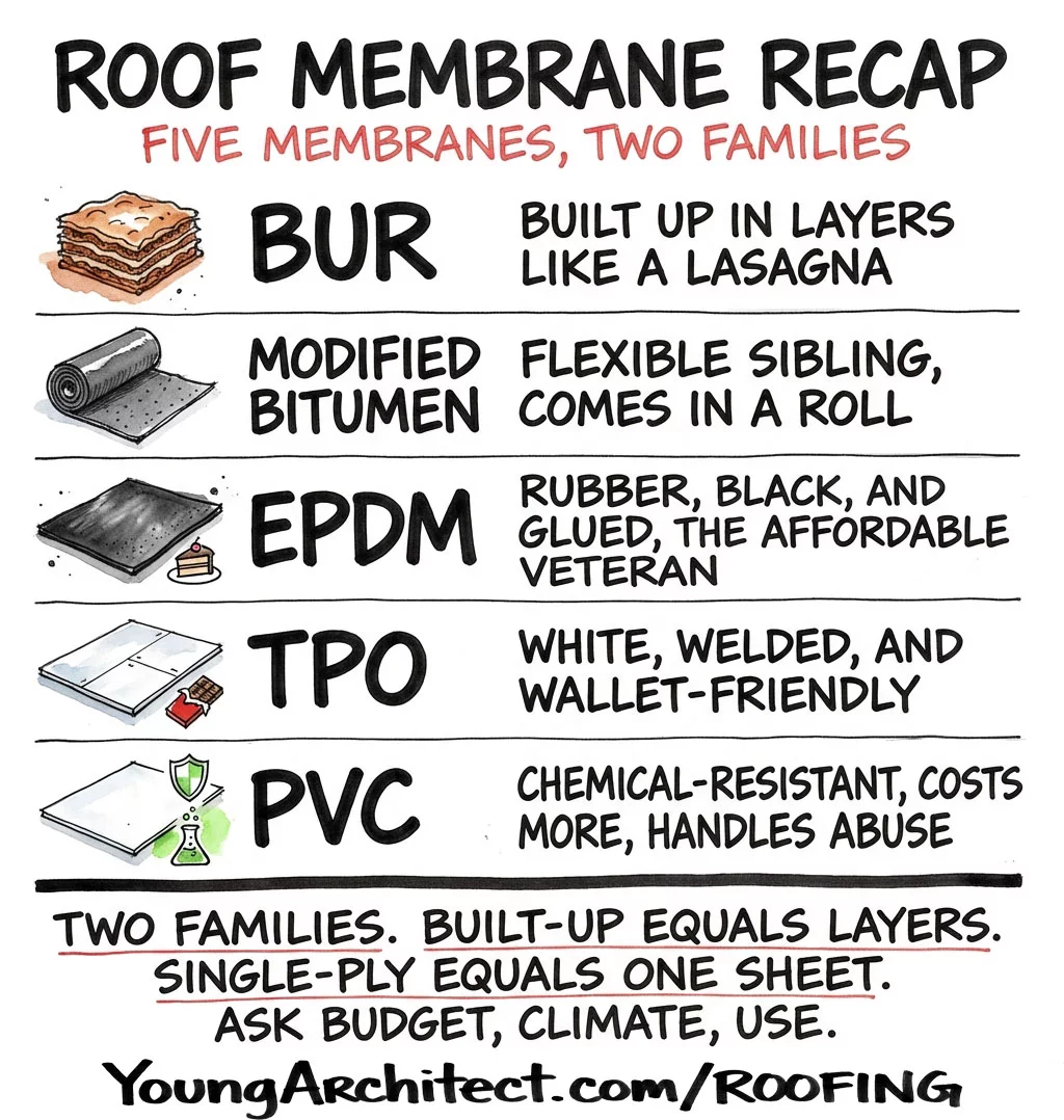 A roof membrane recap lines up all five types, BUR, modified bitumen, EPDM, TPO, and PVC, with memory hooks