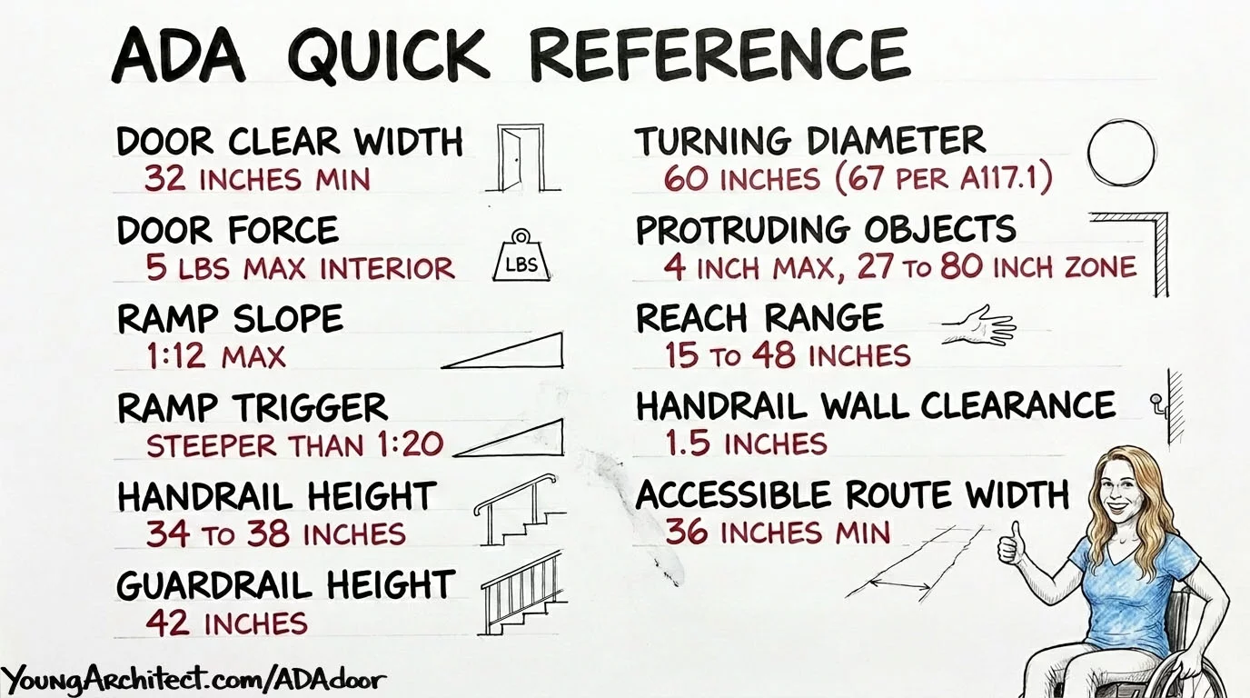 ADA quick reference card with key dimensions for door clearance, ramp slope, handrail height, turning diameter, and reach range