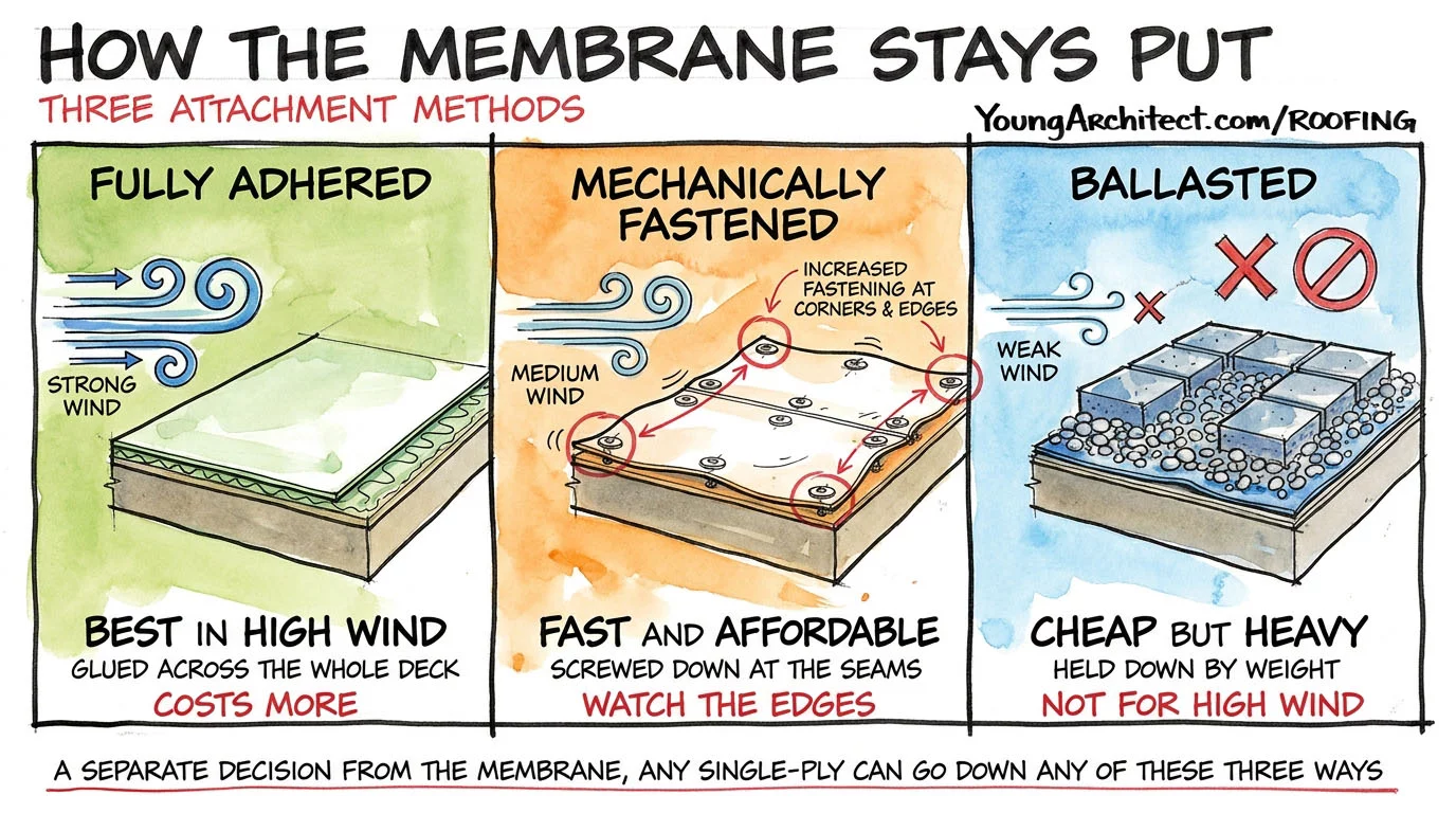 Three roof membrane attachment methods compared: fully adhered for high wind, mechanically fastened, and ballasted