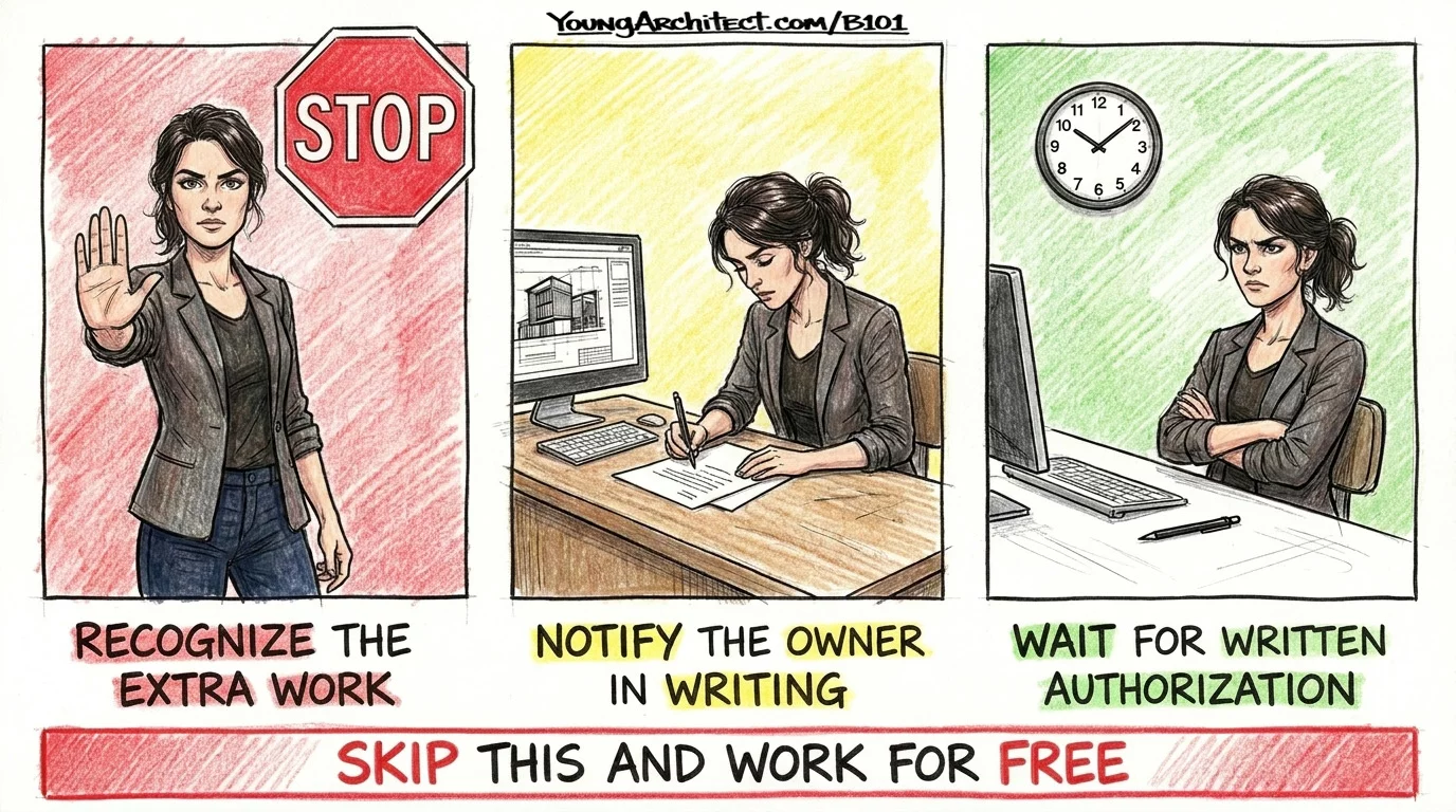 Additional services three step process showing recognize the extra work notify the owner in writing and wait for written authorization