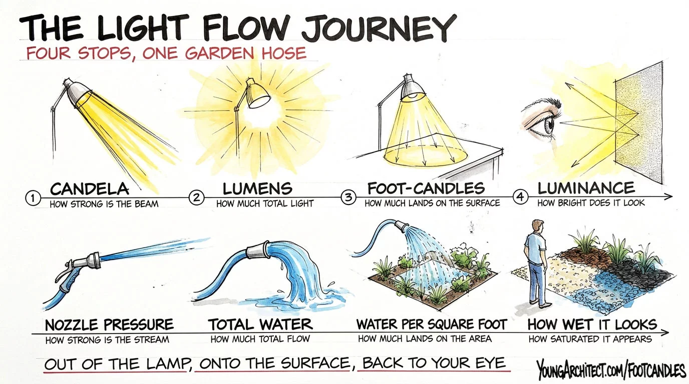 The light flow journey showing four stops from candela at the source through lumens and foot candles to luminance at the eye with a garden hose analogy
