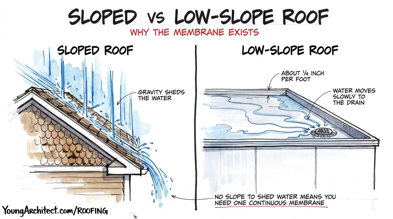 Rain sheds fast off a sloped roof while water moves slowly to a drain on a low-slope roof membrane