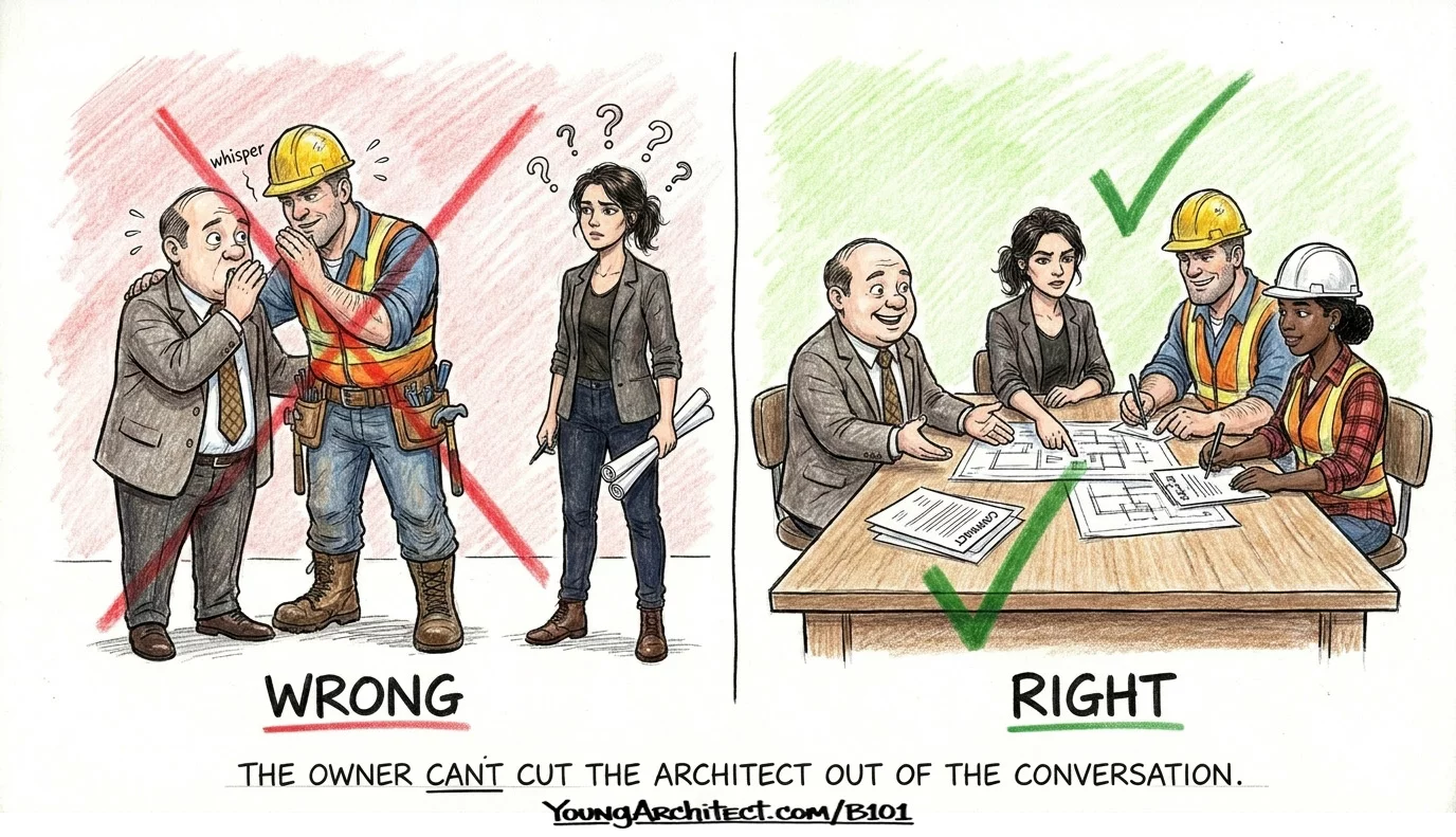 Owner architect contractor communication triangle showing wrong way and right way to communicate on B101 projects