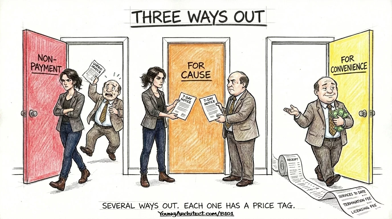 B101 termination exit routes showing three doors for non-payment for cause and for convenience