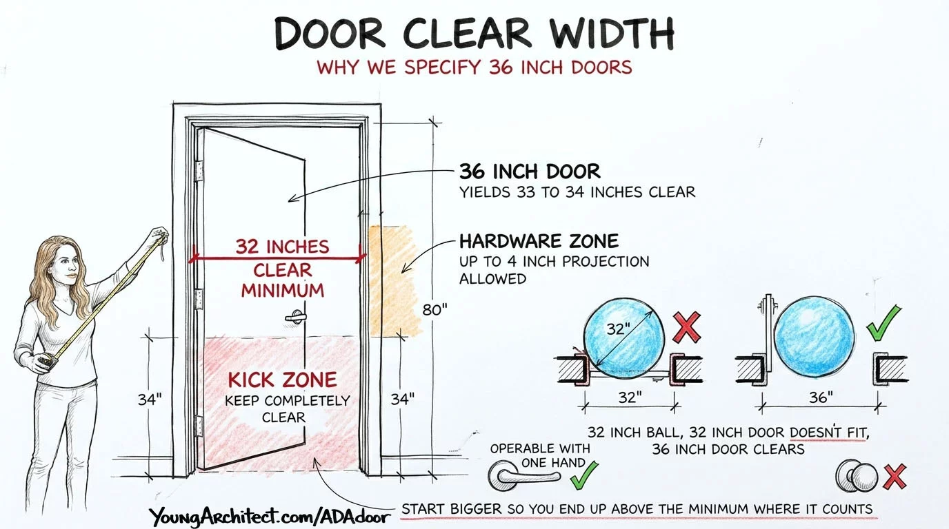 ADA door clear width diagram showing how a 36 inch door yields 32 inches of clear opening with kick zone and hardware zone labeled