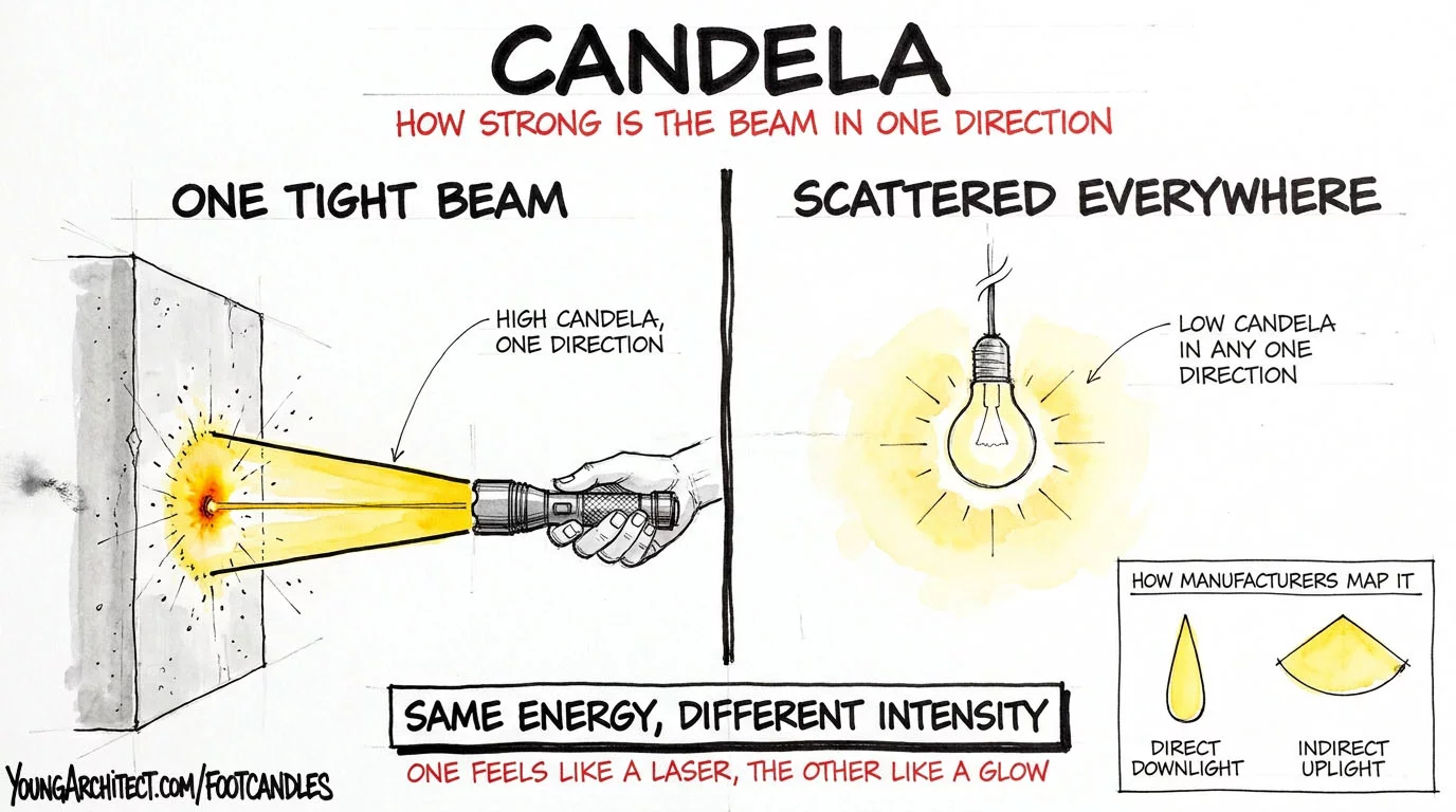 Candela comparison showing a flashlight with high intensity in one direction versus a bare bulb scattering light in every direction