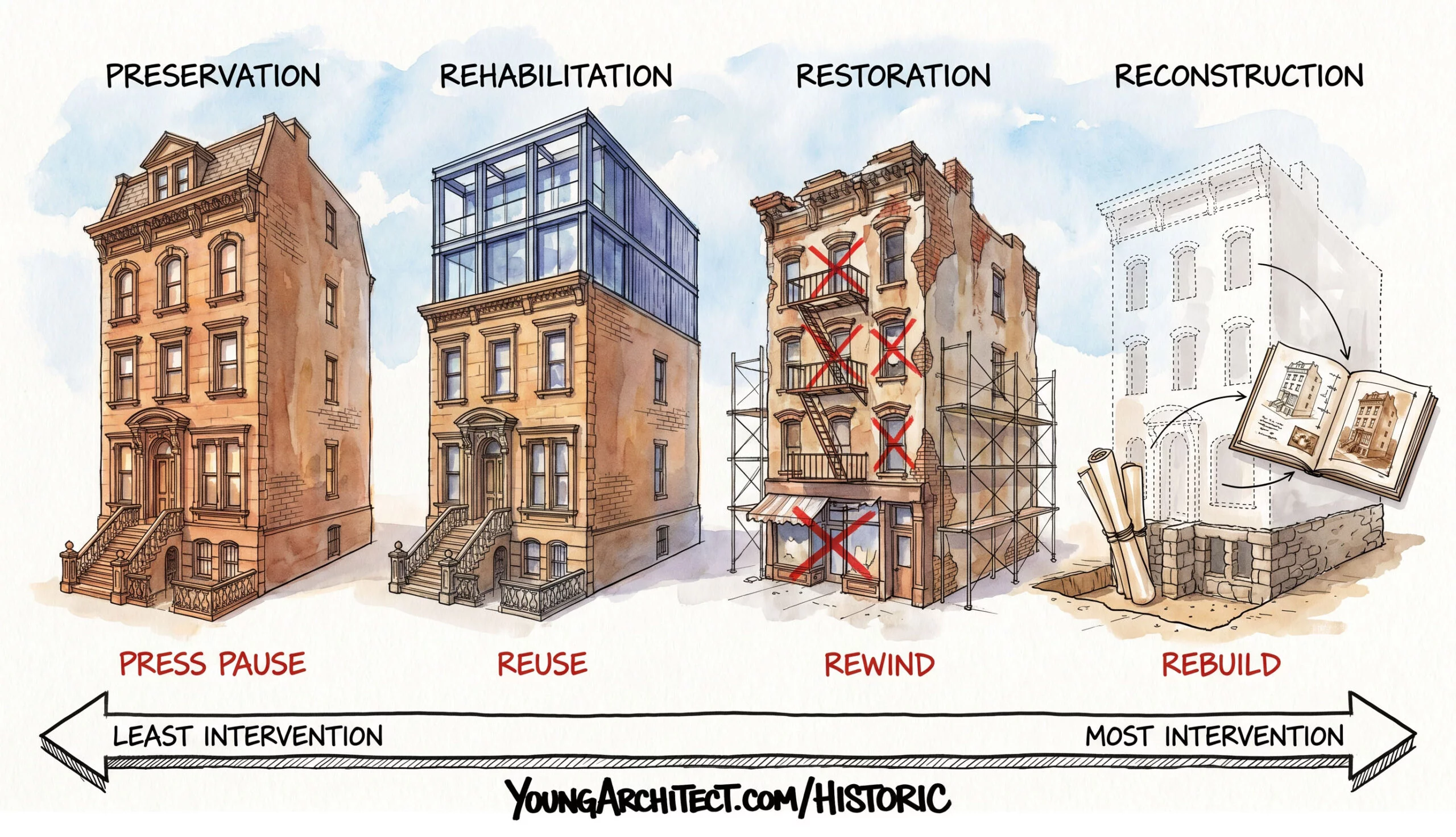 Historic preservation spectrum from least to most intervention showing preservation, rehabilitation, restoration, reconstruction