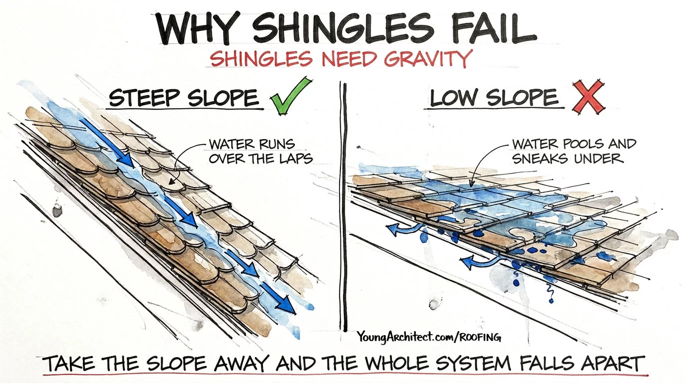 Water runs cleanly over shingles on a steep slope but pools and sneaks under the laps on a low-slope roof