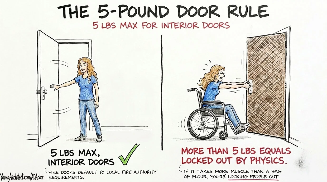 ADA door opening force comparison showing 5 pound maximum for interior doors versus a wheelchair user locked out by a heavy door