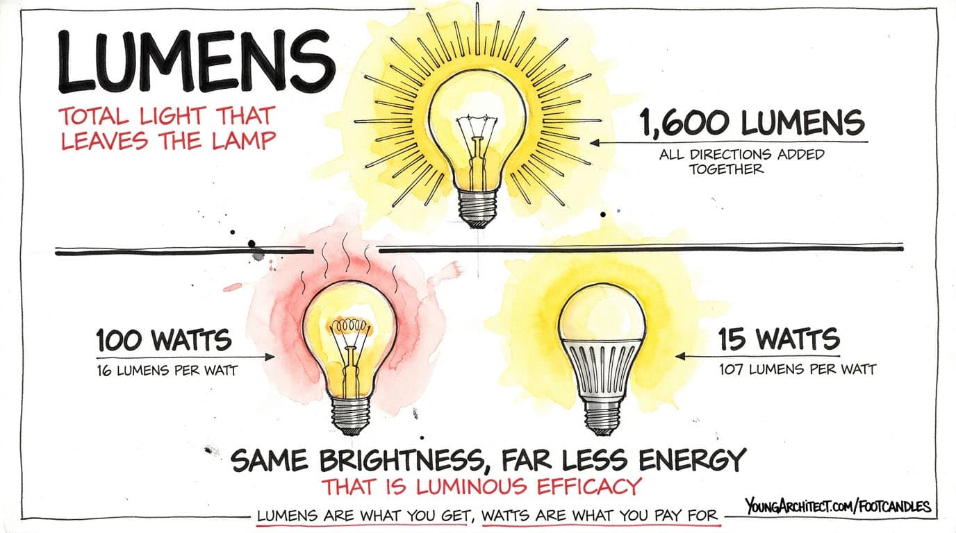 Lumens comparison showing a 100-watt incandescent and a 15-watt LED both producing 1600 lumens with dramatically different efficacy