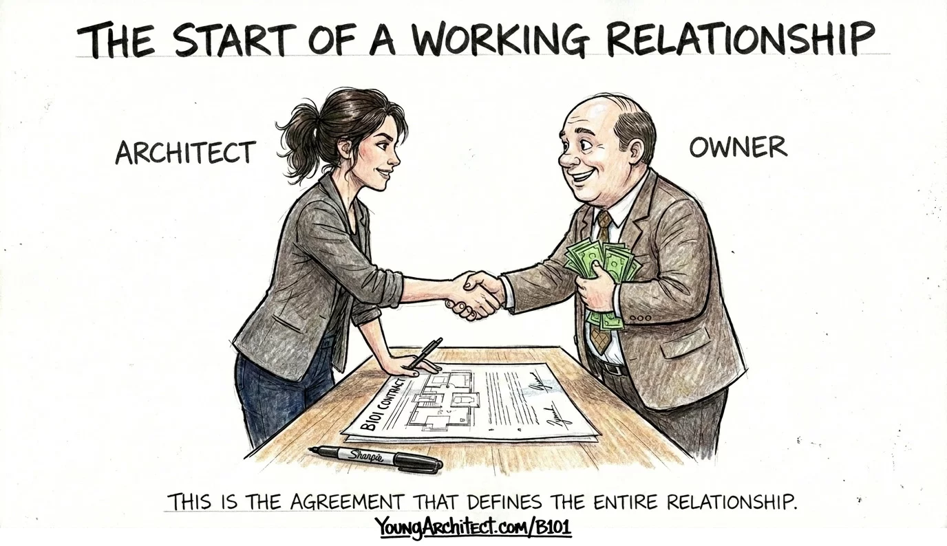 AIA B101 owner architect agreement showing architect and owner shaking hands over signed contract