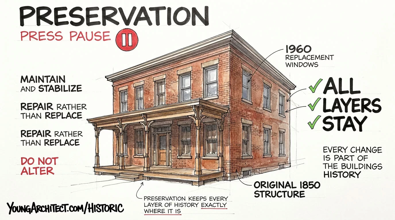 Historic preservation approach keeps all building layers intact including 1850 structure, 1920 porch, and 1960 windows