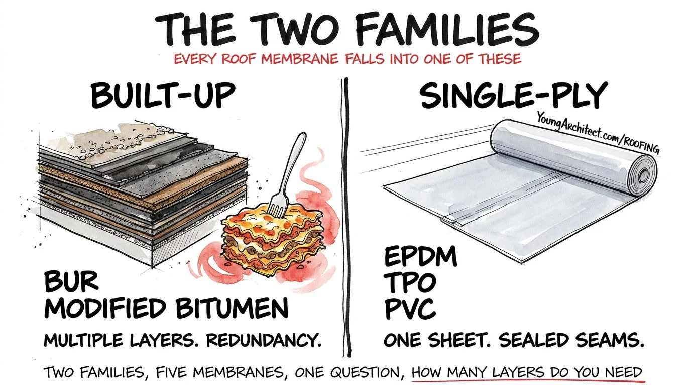 The two roof membrane families compared: built-up systems stacked in layers versus single-ply rolled as one sheet