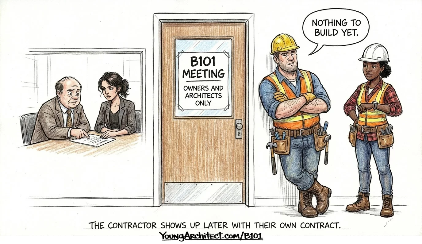 Contractor standing outside B101 meeting room showing the contractor is not party to the owner architect agreement