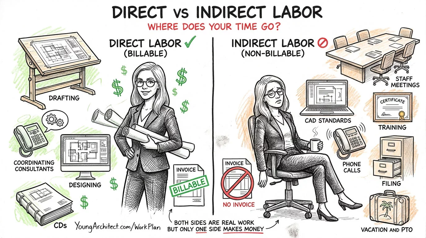 Direct labor vs indirect labor showing billable tasks like drafting and designing compared to non-billable tasks like meetings and training